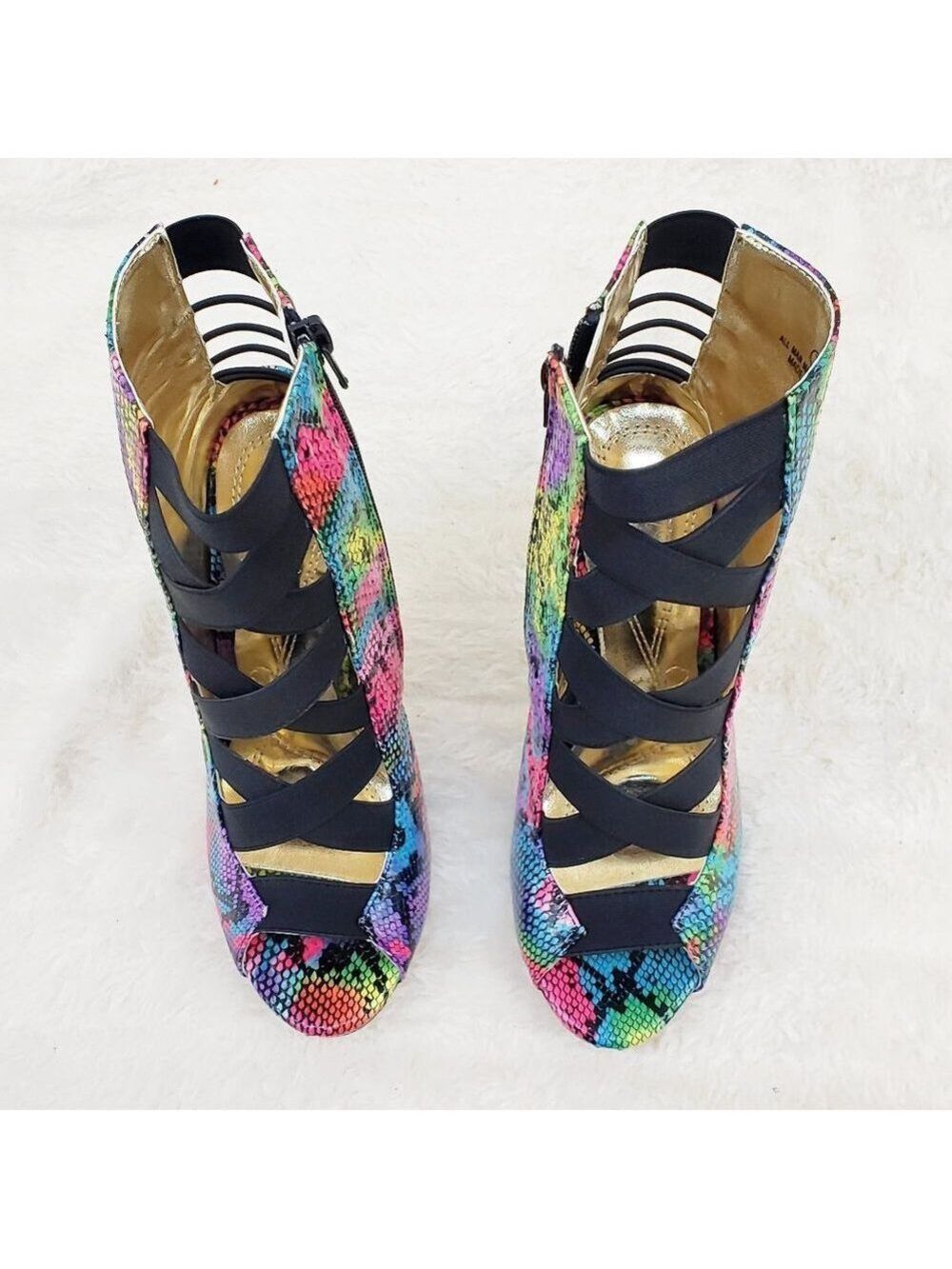 Bright Rainbow Snake Elastic Strap Gold Tone High Heel Stiletto Ankle Boots - Picture 7 of 10